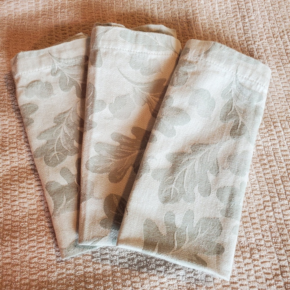 Pottery Barn Oak Leaf Cotton Cloth Napkins Set of 3 Sage Green Cream Jacquard